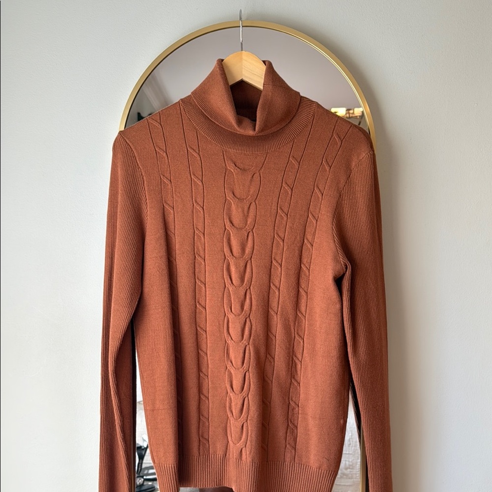 Elegant Rust Cable Knit Turtleneck Sweater